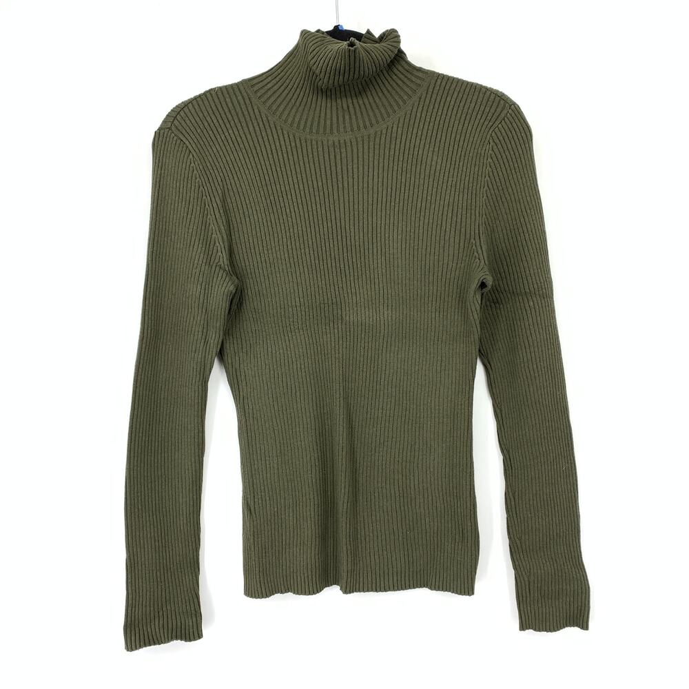 Chicos Pullover Turtleneck Sweater Womens 1 US Medium Green Ribbed Knit Fitted